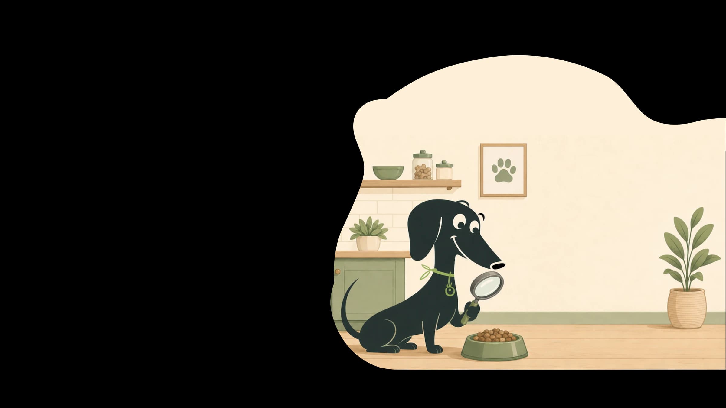 An illustrated dachshund inspecting a bowl of kibble with a magnifying glass in a warm kitchen