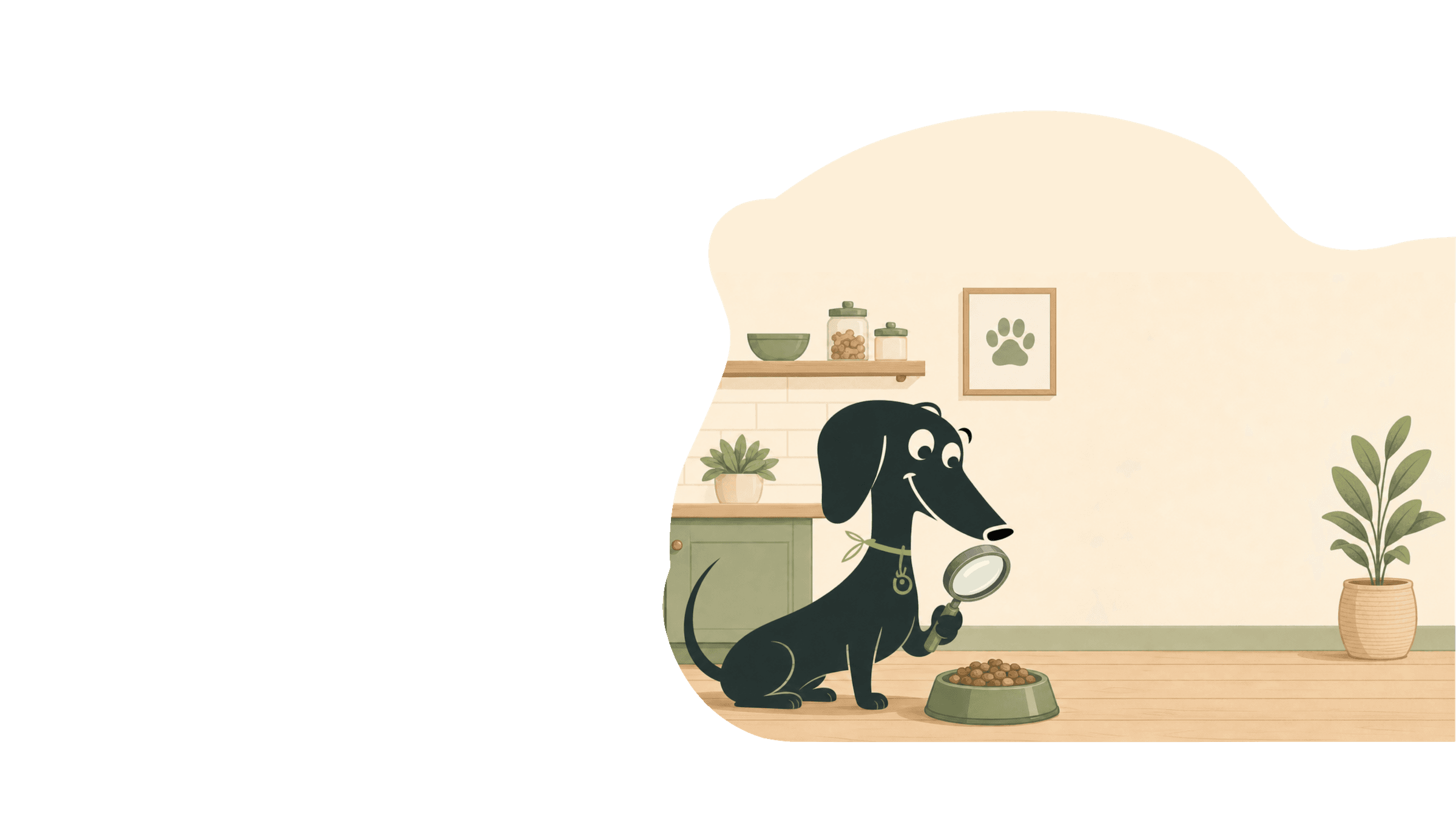 An illustrated dachshund inspecting a bowl of kibble with a magnifying glass in a warm kitchen