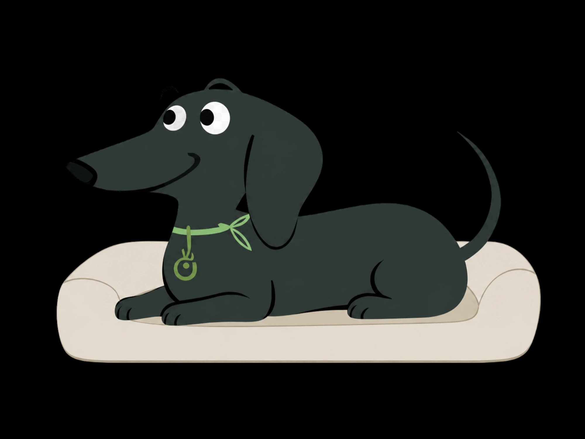An illustrated dachshund settled on a bolster bed.