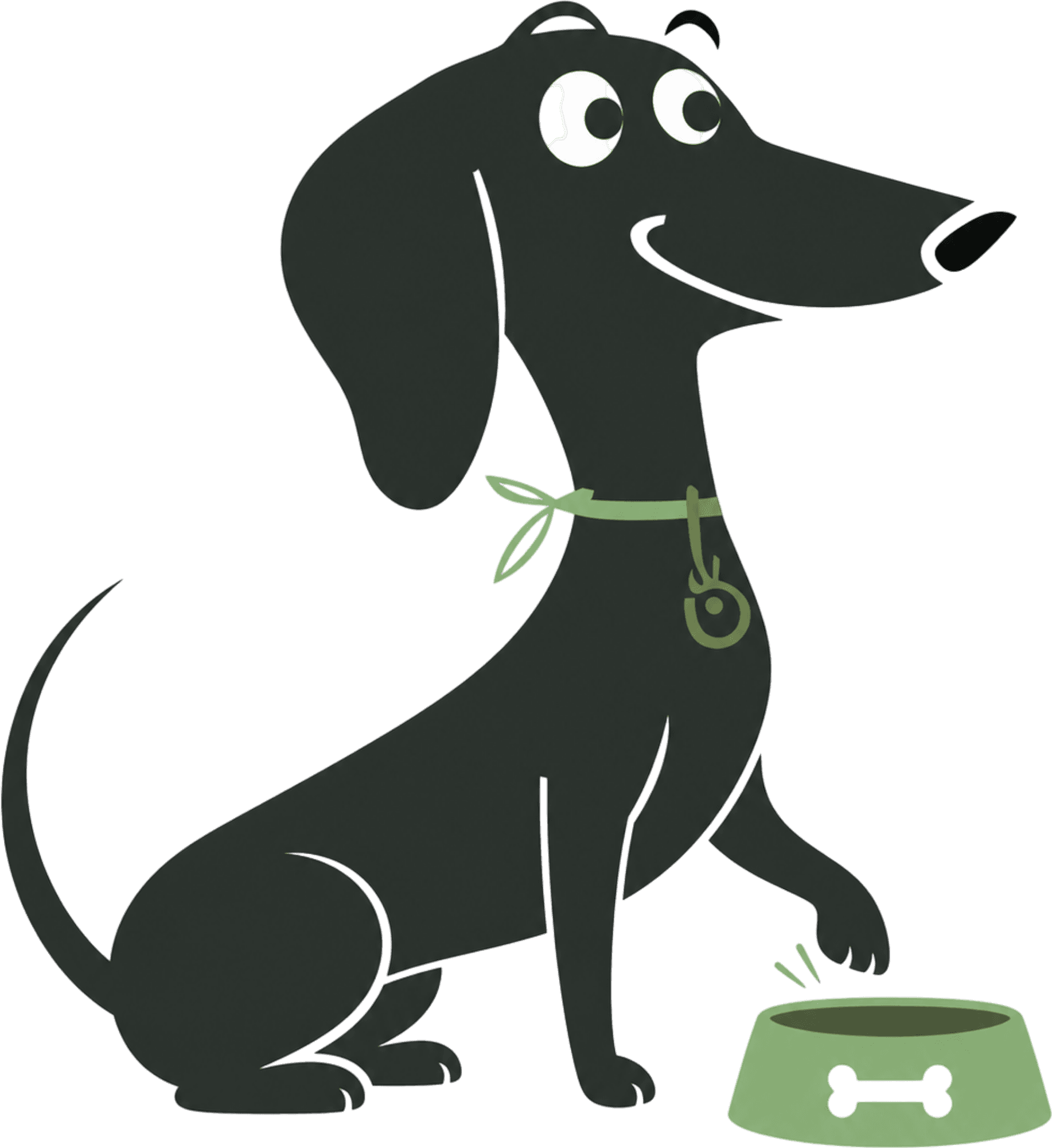 An illustrated dachshund sitting beside a green food bowl.