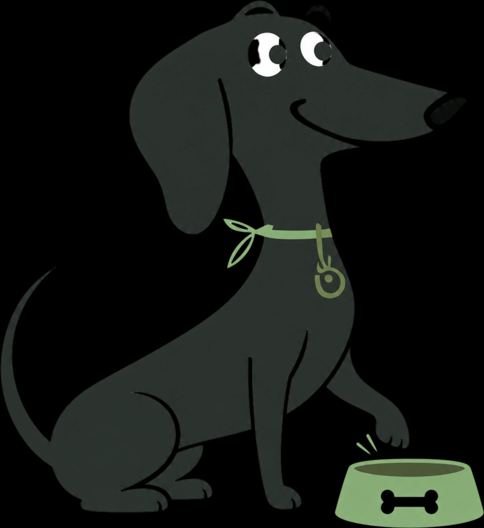 An illustrated dachshund sitting beside a green food bowl.
