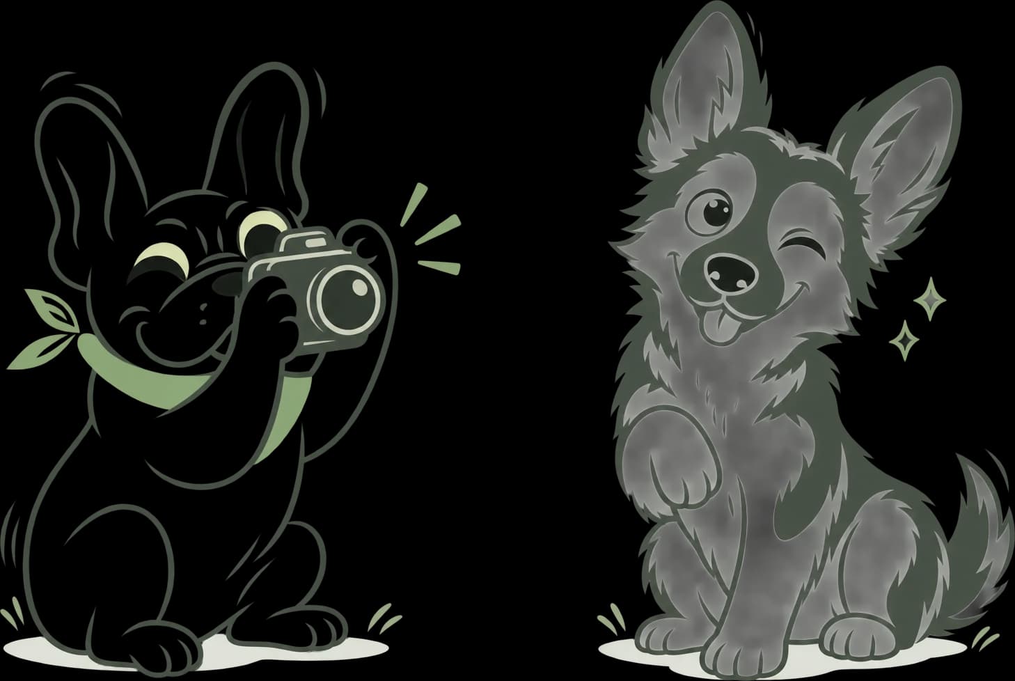 An illustrated French bulldog photographing a winking husky puppy.