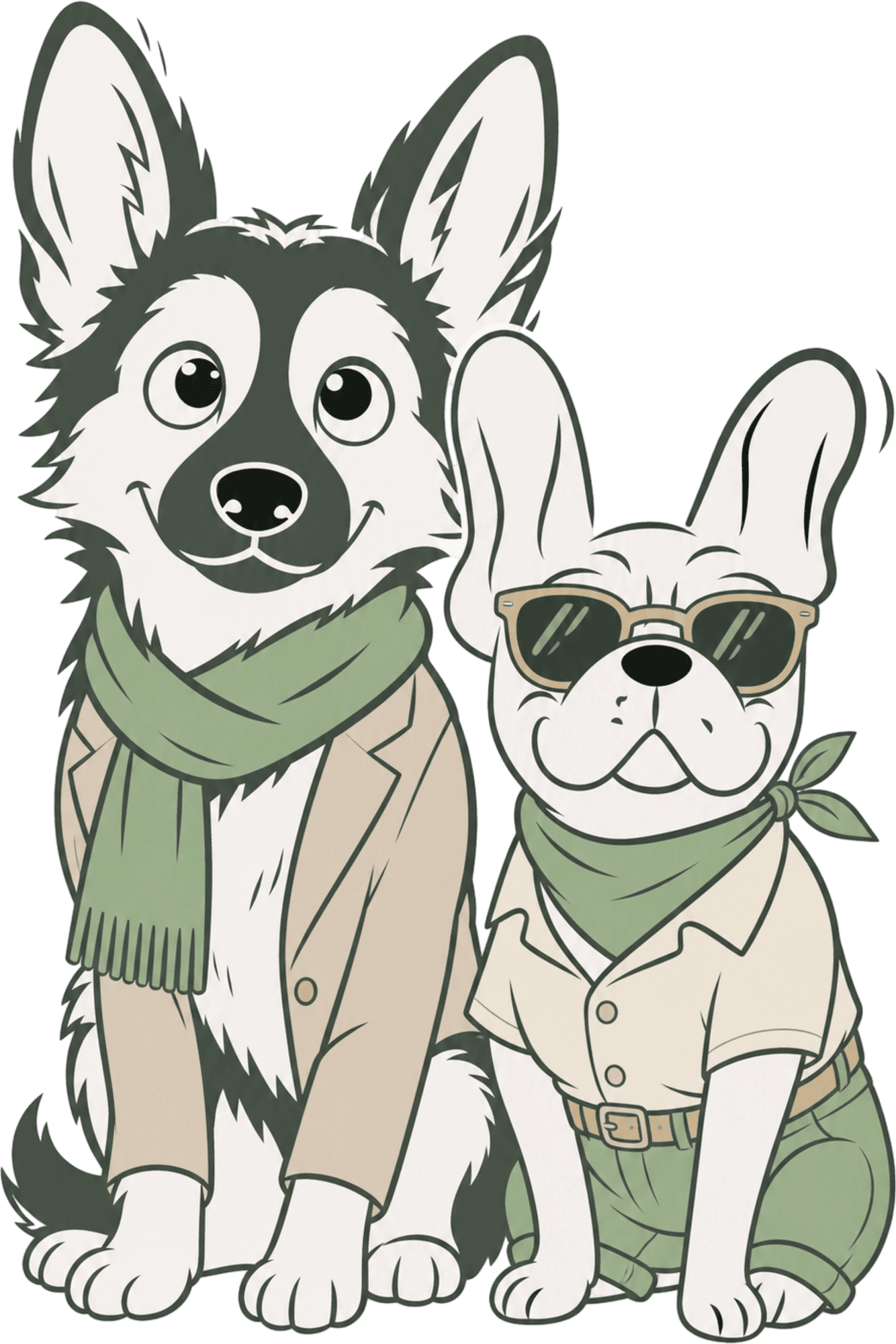 Two illustrated dogs dressed up, one in a scarf and cardigan, one in a shirt and sunglasses.