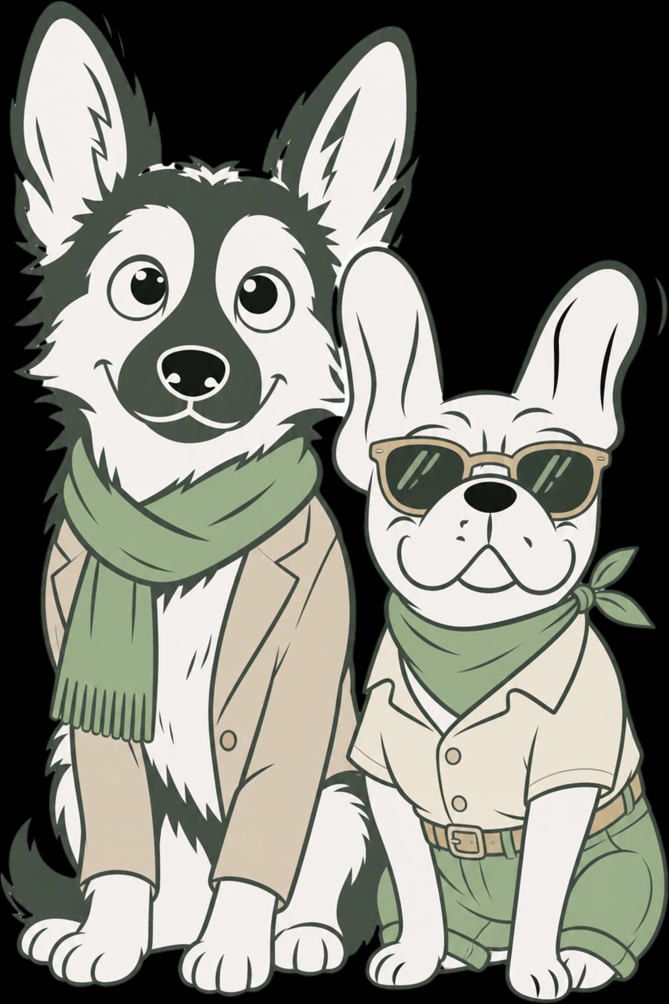 Two illustrated dogs dressed up, one in a scarf and cardigan, one in a shirt and sunglasses.