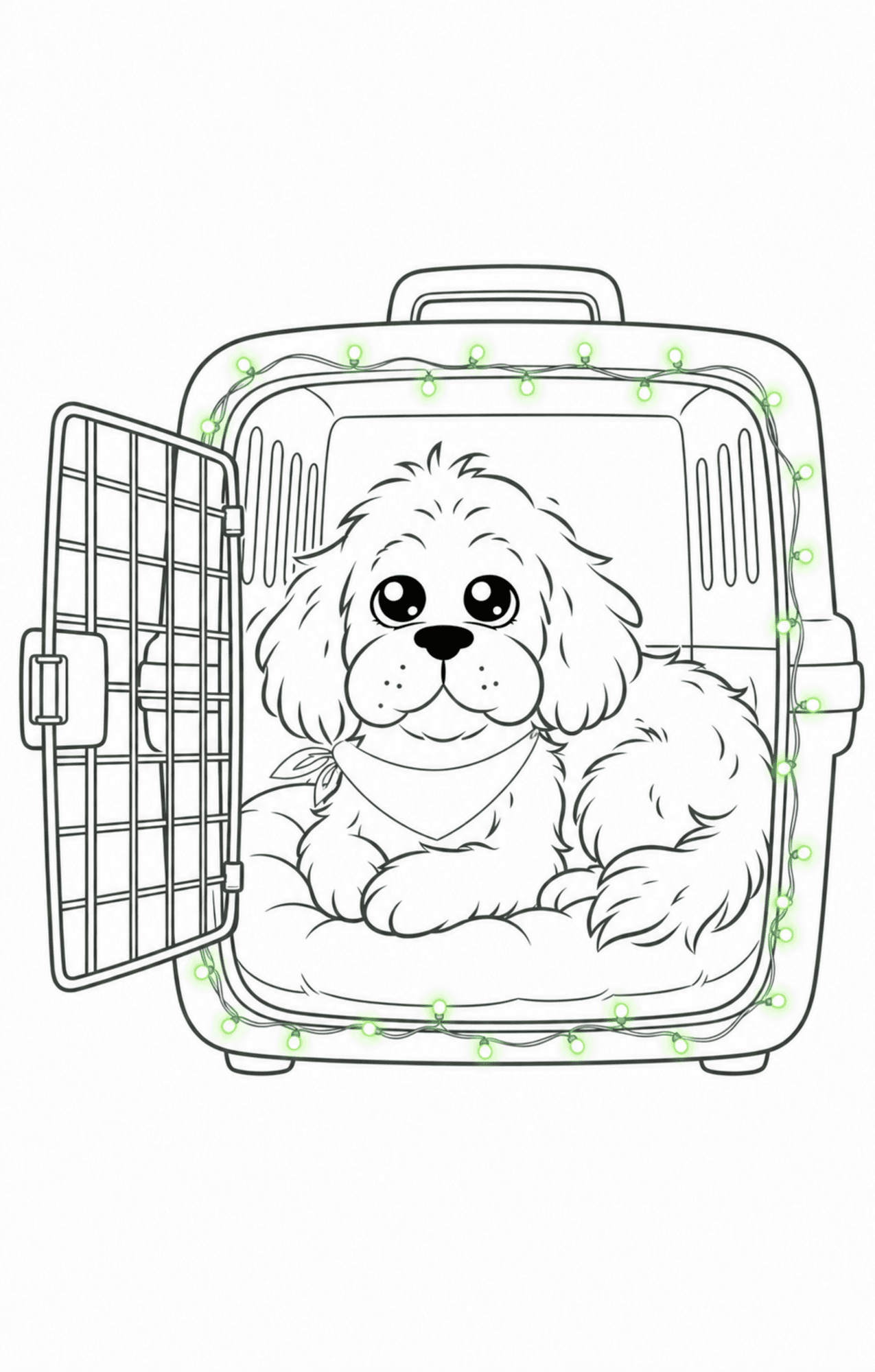 An illustrated fluffy puppy settled in an open travel crate.