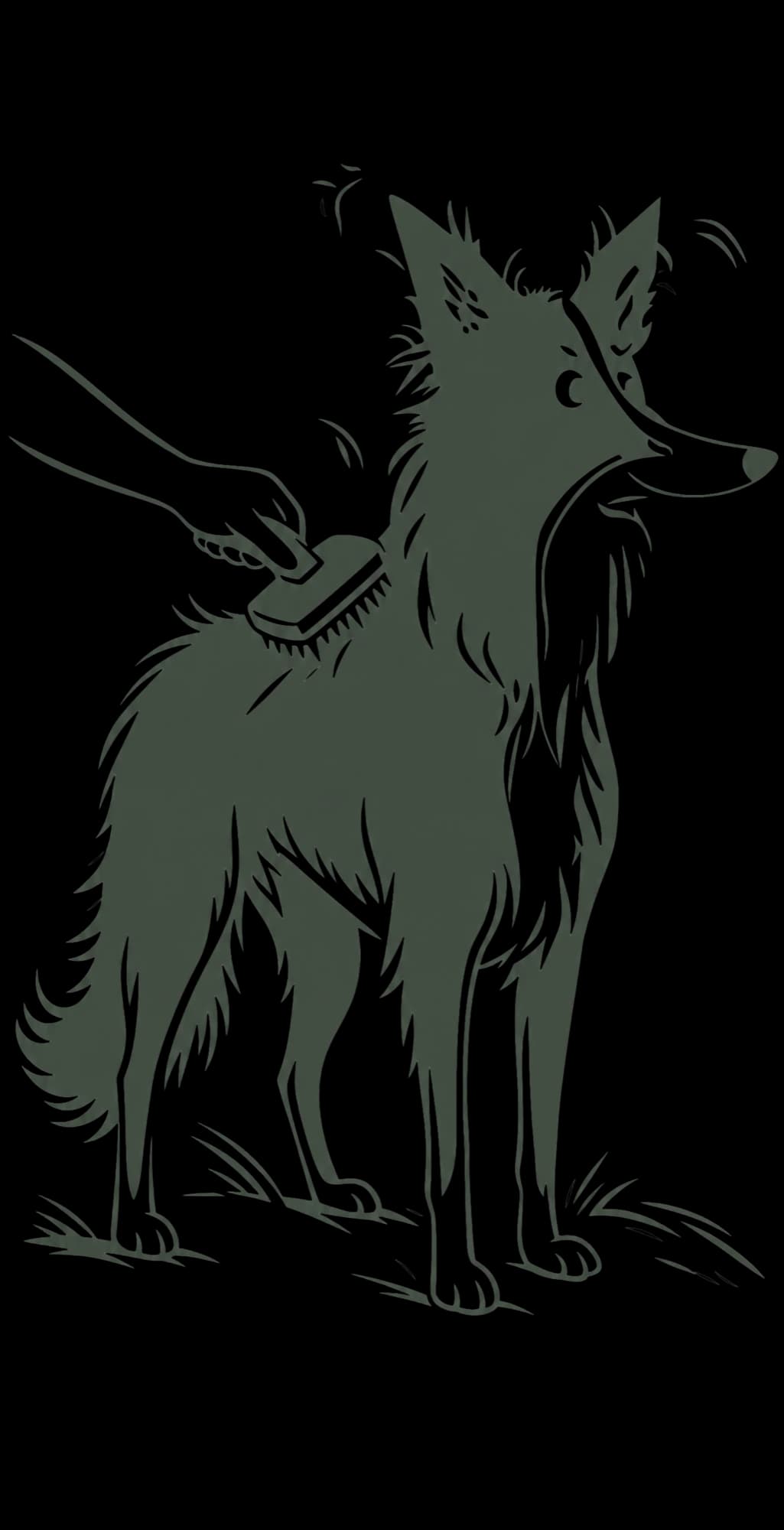 An illustrated long-coated dog being brushed with a slicker brush.