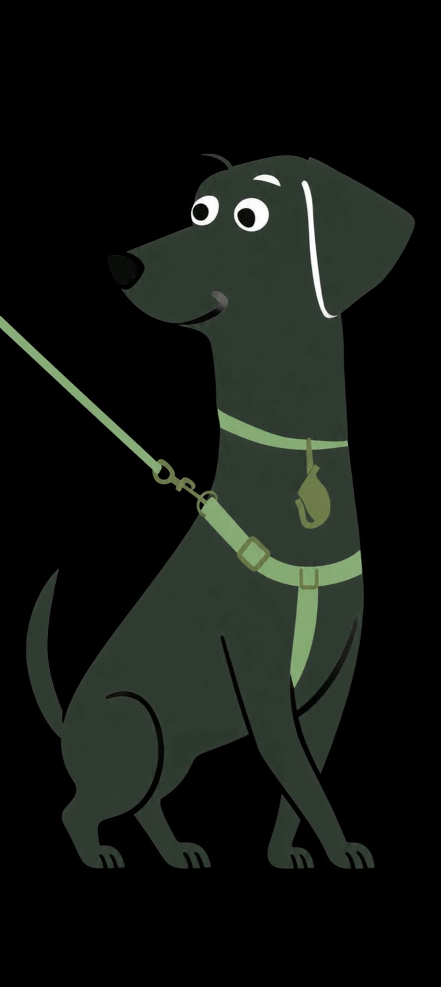 An illustrated dog sitting in a harness with its lead held out.