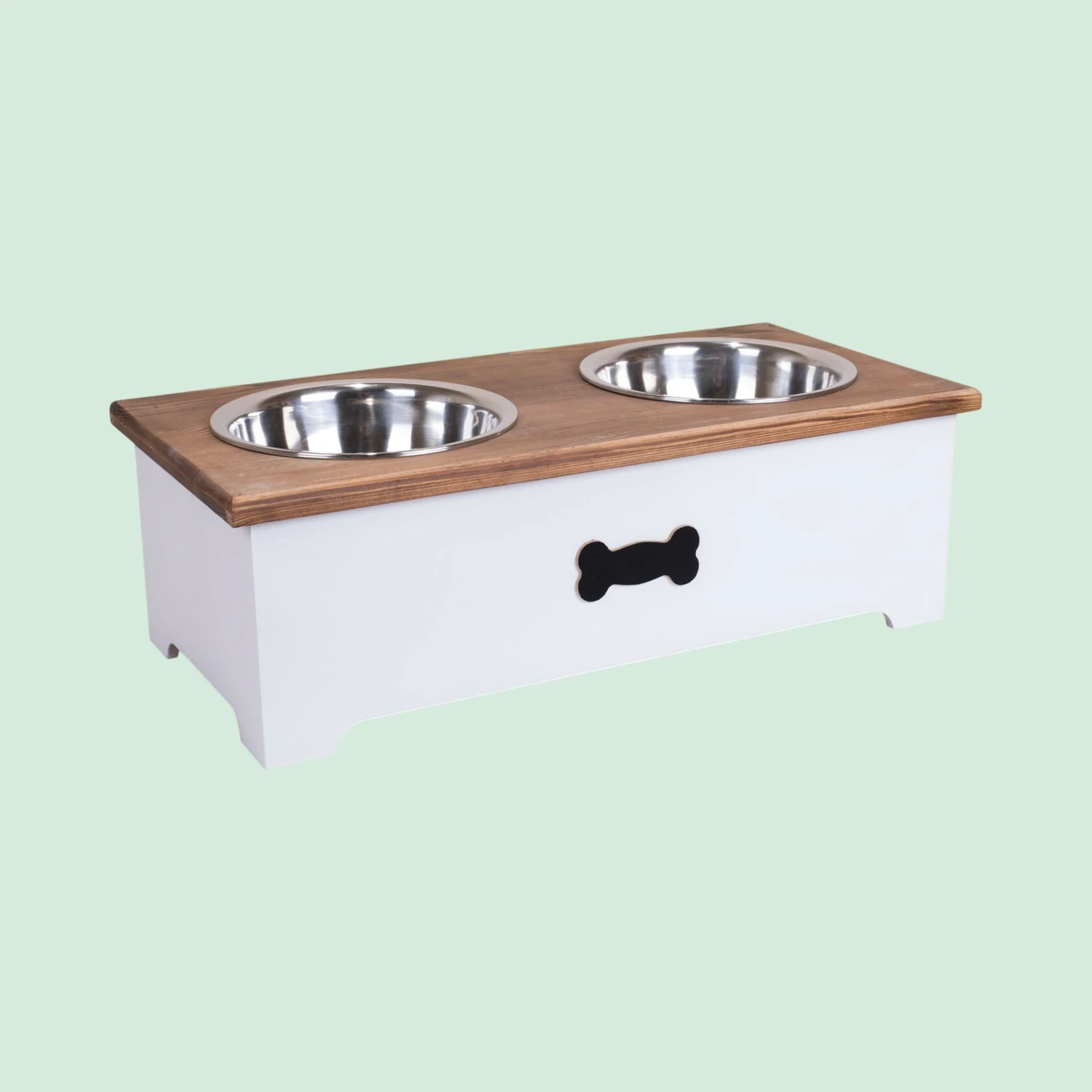 Green Leaves Wooden feeding station, two stainless bowls