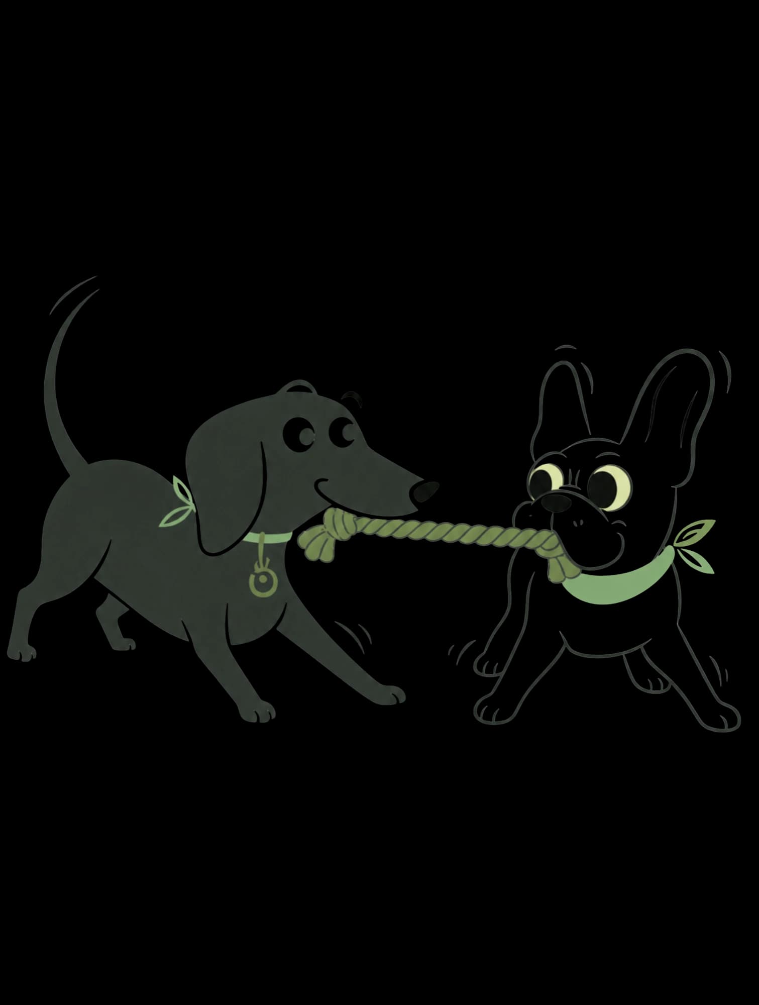 Two illustrated dogs playing tug with a rope toy.