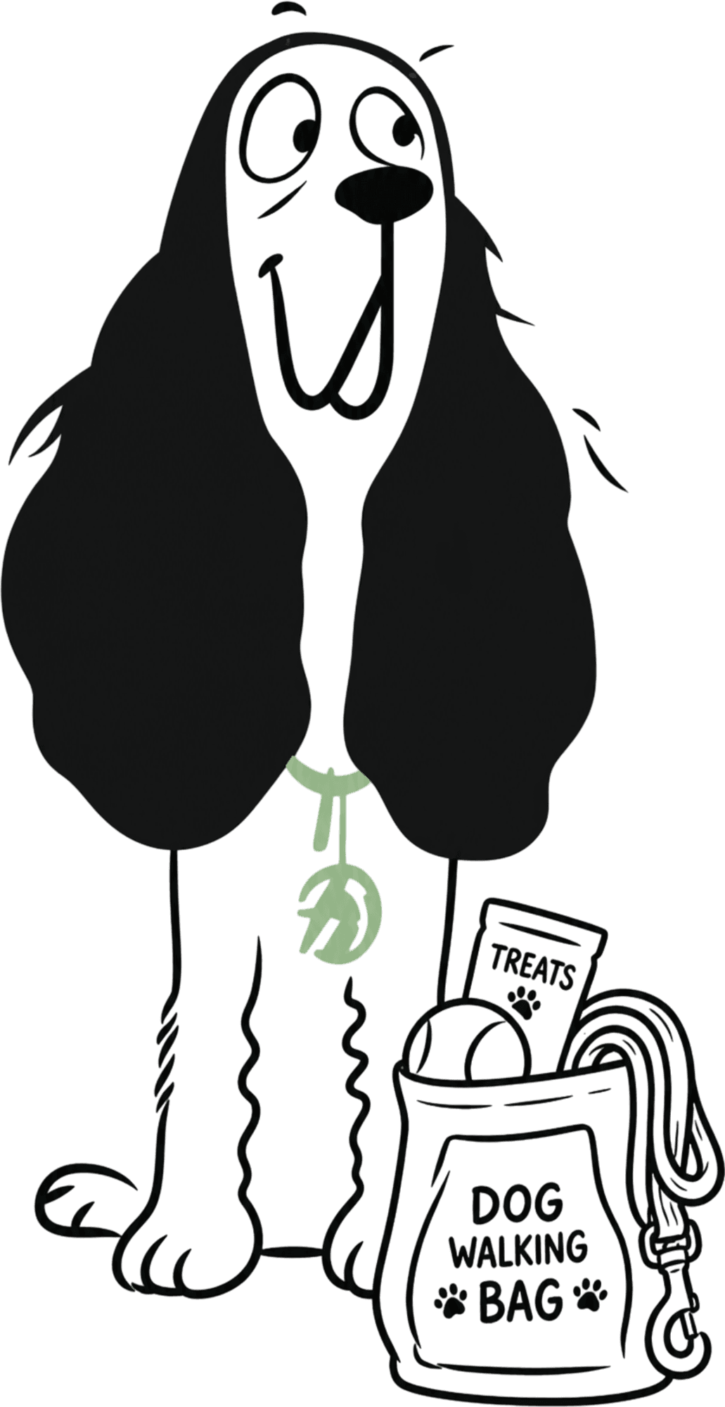 An illustrated spaniel standing beside a walking bag packed with treats and a lead.