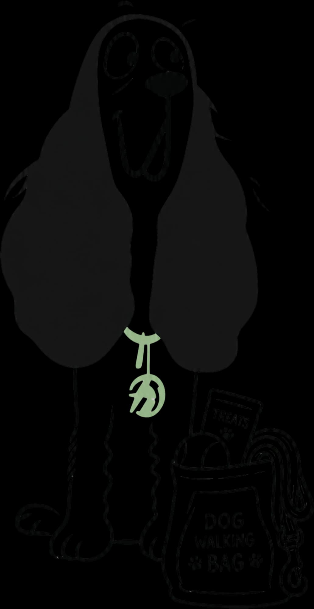 An illustrated spaniel standing beside a walking bag packed with treats and a lead.