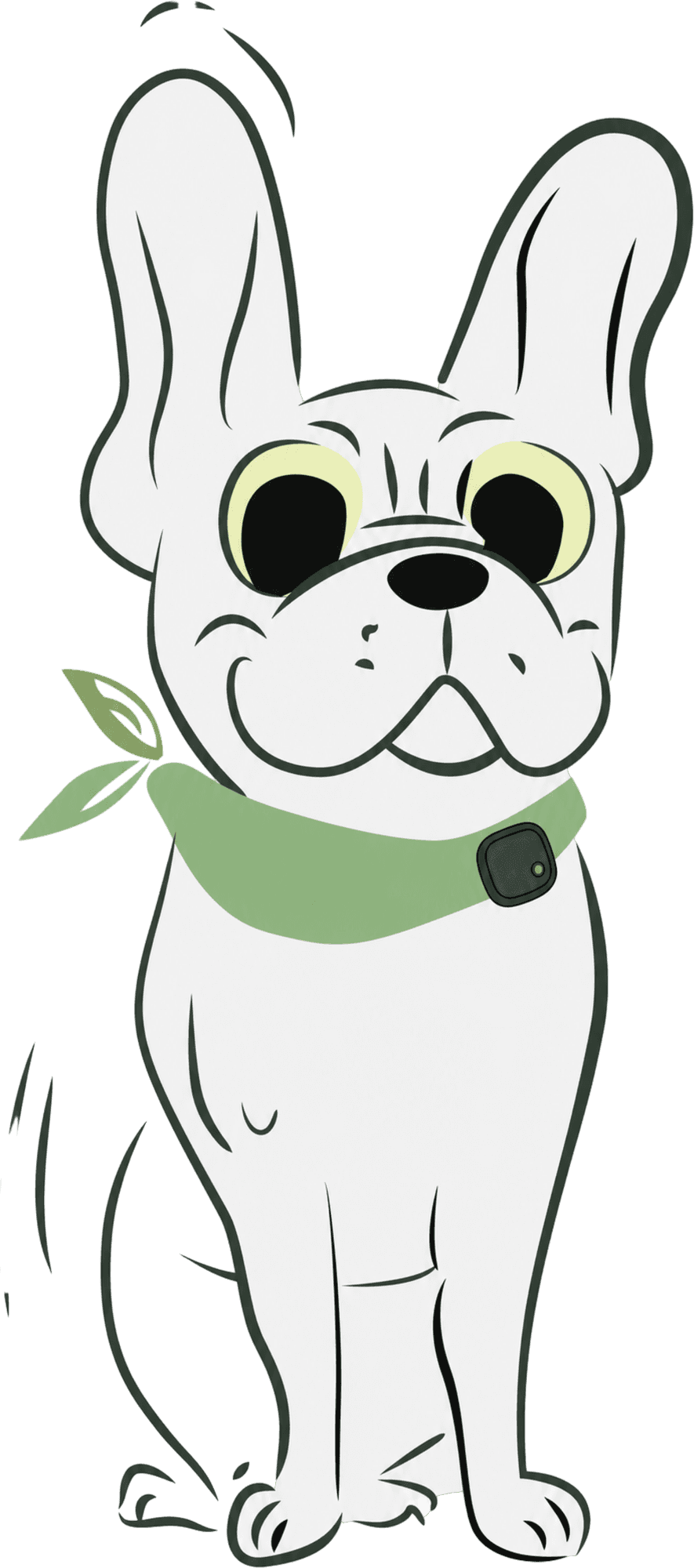 An illustrated French bulldog wearing a bandana with a tracker clipped to it.