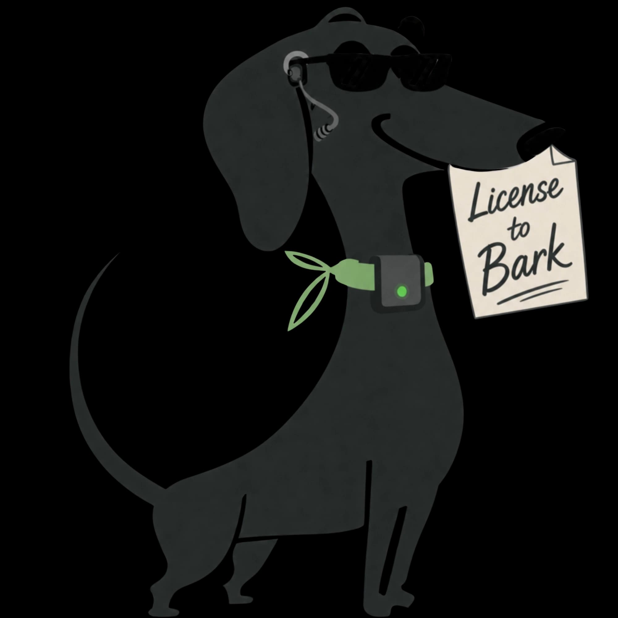 An illustrated dachshund in sunglasses wearing a tracker, holding a licence to bark.