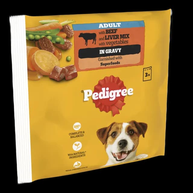 Pedigree Pouches in Gravy – Beef & Liver Mix 3 x 100g
